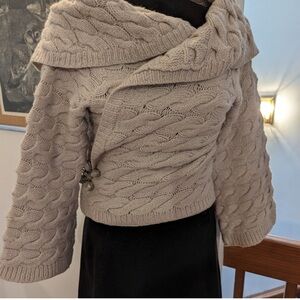 Magaschoni Off-the-Shoulder Cable Knit Sweater in Coral color